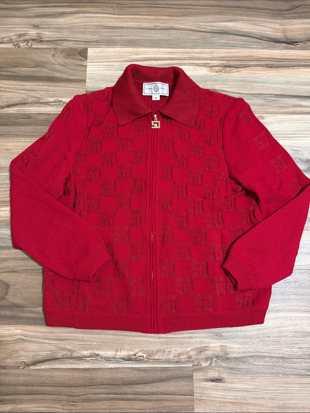 St. John Sport by Marie Gray Red Zip-Front Checker Knit Cardigan Luxury Women M